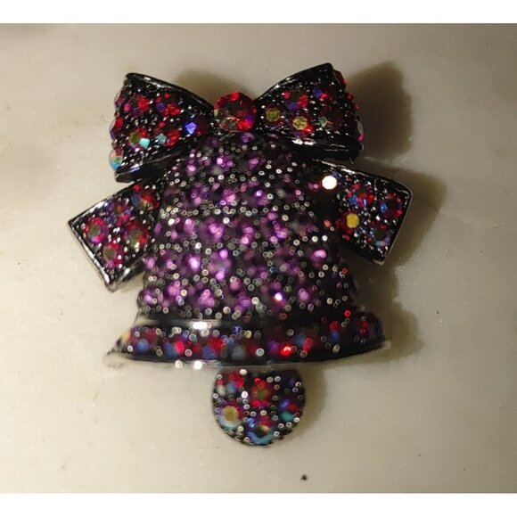 Rhinestone Gems Red Fire Purple Bell Brooch Pin Bow Moving Vintage Silvertone - Picture 11 of 12